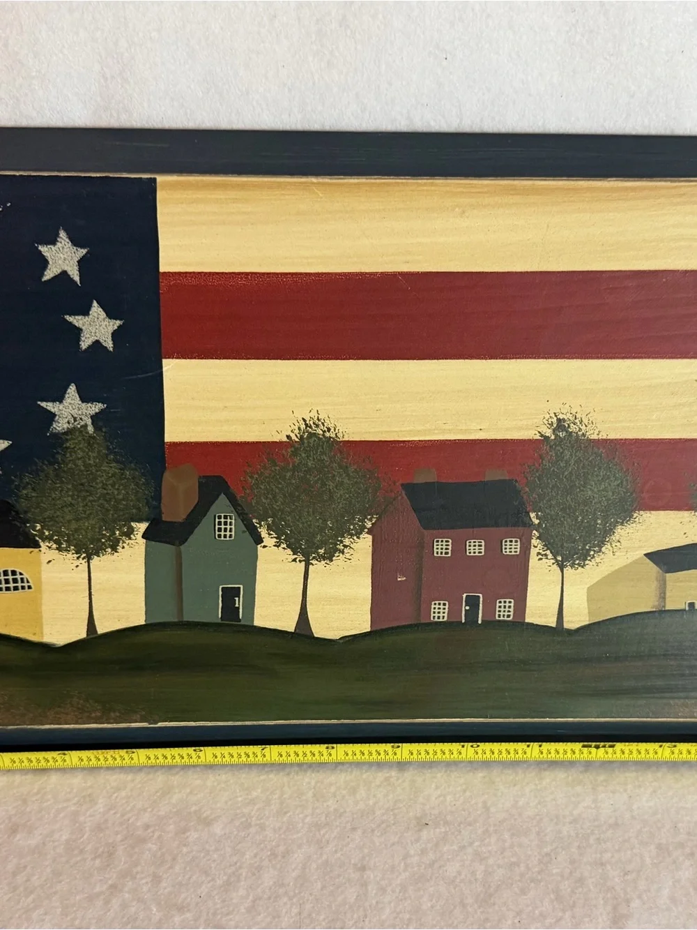 Primitive Americana Hand Painted Wood Folk Art American Flag Village Wall Decor